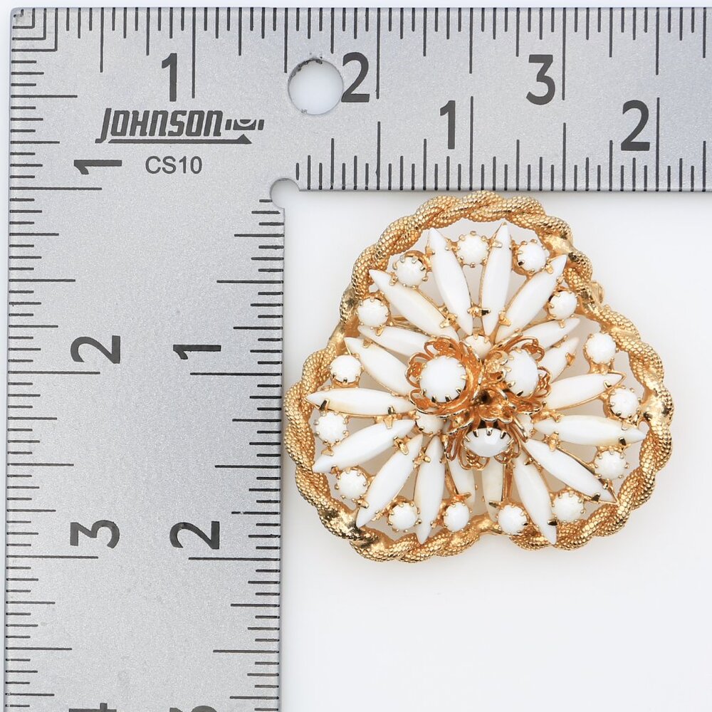 Vintage 3D Gold Tone Milk Glass Rhinestone Floral and Starburst Brooch 1950s - Picture 3 of 3
